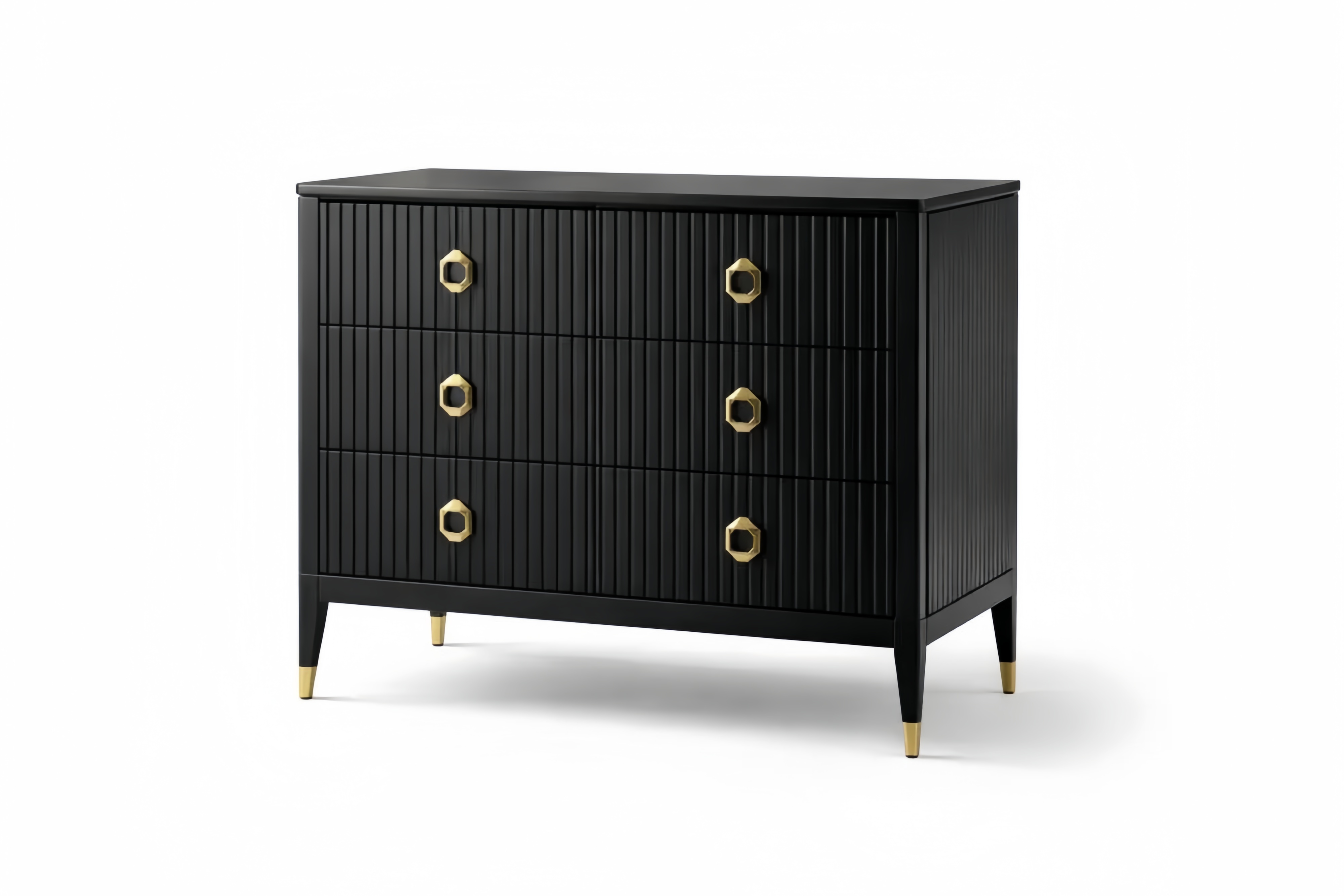 Black Wood Chest of Drawers with Gold Accents, 3-Drawer