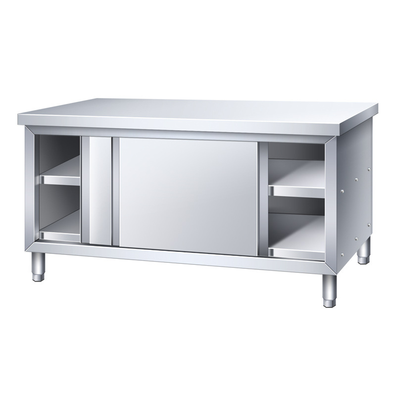 Stainless steel workbench kitchen countertop with sliding doors, chopping board storage cabinet, cutting table for commercial use in restaurants