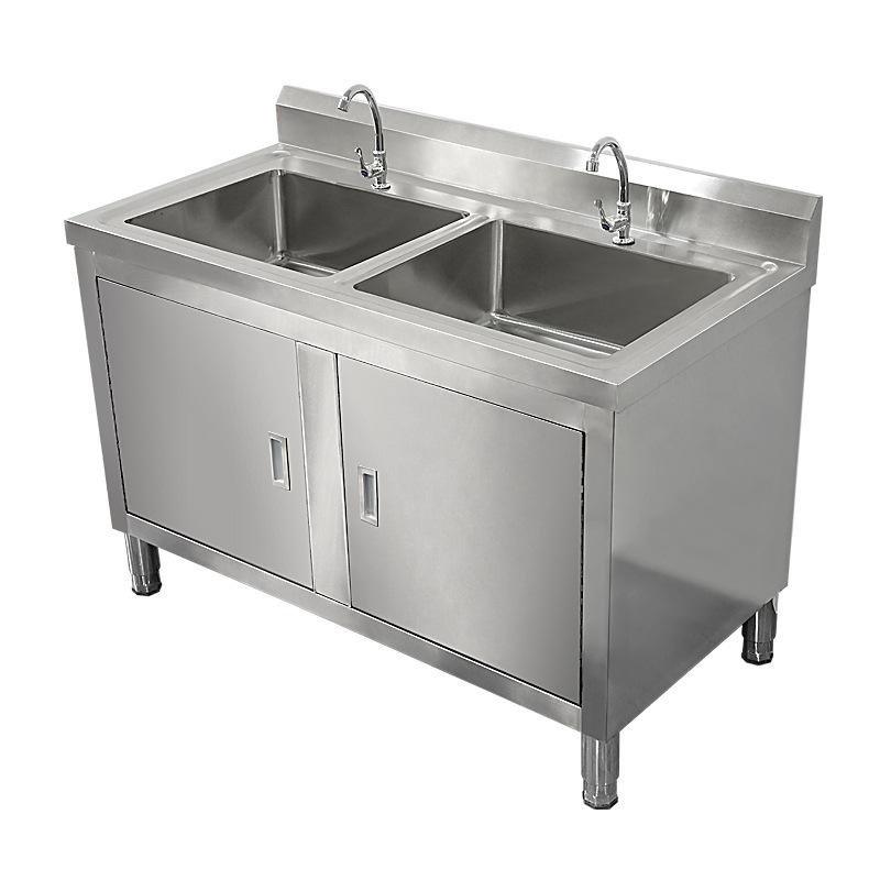 Free shipping commercial double-tank stainless steel sink cabinet with drainage, double-star vegetable washing sink, hand-washing sink, dishwashing sink, and workbench
