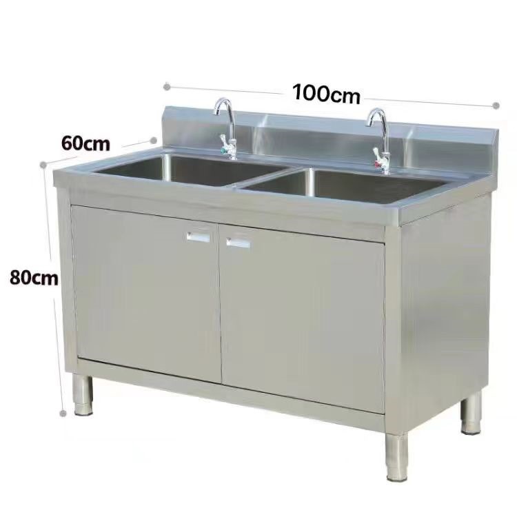 Free shipping commercial double-tank stainless steel sink cabinet with drainage, double-star vegetable washing sink, hand-washing sink, dishwashing sink, and workbench