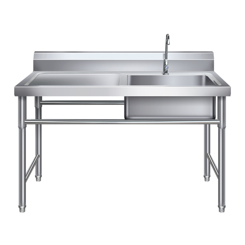 Stainless steel stand kitchen sink with single or double basins for washing dishes, vegetables, and hands, platform for cafeteria storage, thickened version