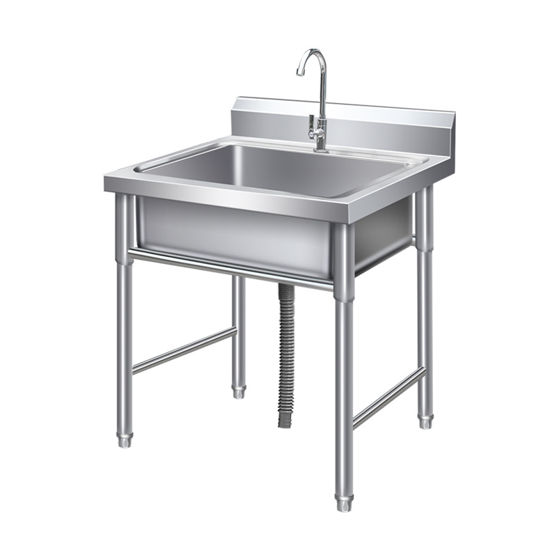 Commercial single-basin stainless steel sink for kitchen use, suitable for washing vegetables, washing dishes, and as a hand-washing basin, with an integrated thickened design