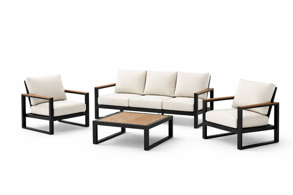 Outdoor Patio Lounge Set Steel Frame with Teak Wood Accents and Cushions
