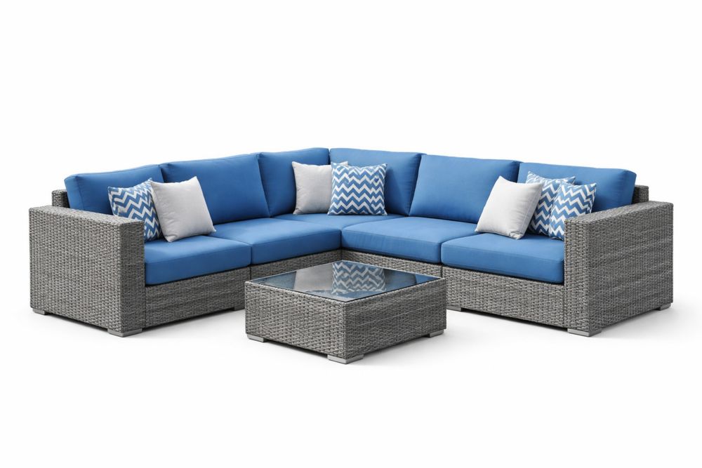 Outdoor Sectional Sofa Set with Blue Cushions and Grey Rattan