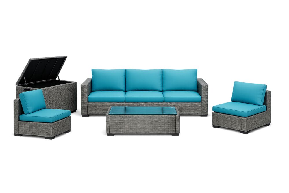 5 Piece PE Wicker Outdoor Sofa Set with Blue Cushions and Storage Box