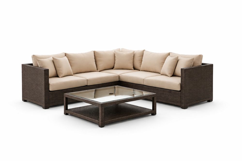 Outdoor Wicker Sectional Sofa Set with Beige Cushions and Glass Top Coffee Table