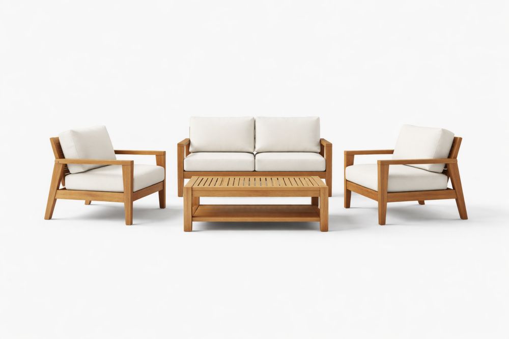 Outdoor Lounge Set with Cushions Teak Wood and White Polyester Fabric