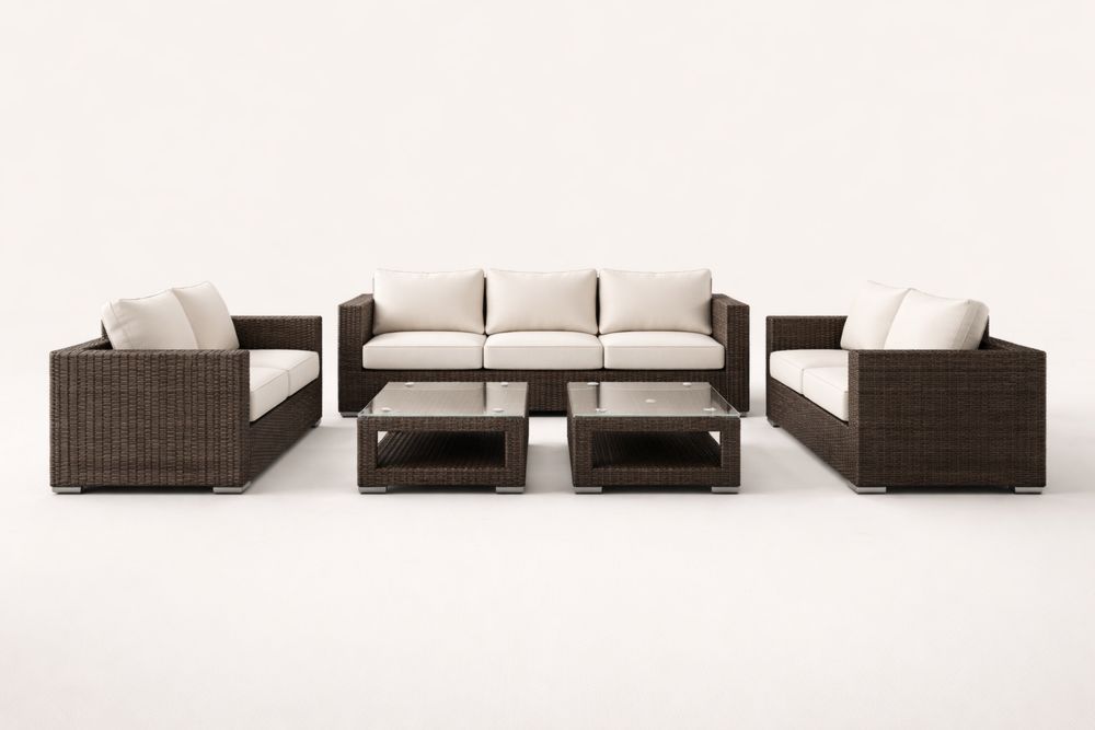 Outdoor Wicker Sofa Set with Beige Cushions and Glass Coffee Tables
