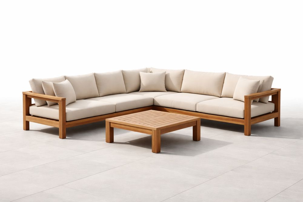 Outdoor Teak Wood L-Shaped Sofa Set with Beige Cushions