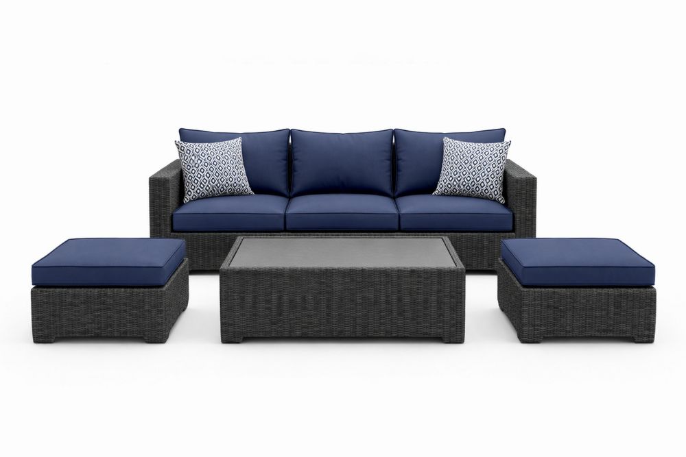 Outdoor Wicker Sofa Set with Cushions and Tempered Glass Coffee Table