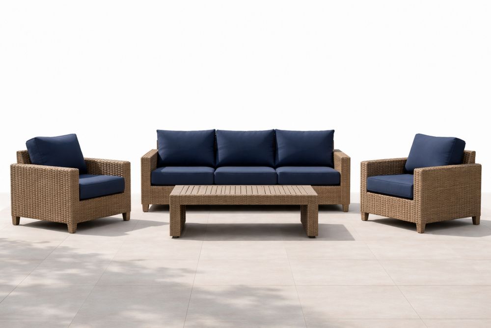 Outdoor Rattan Lounge Set with Navy Cushions