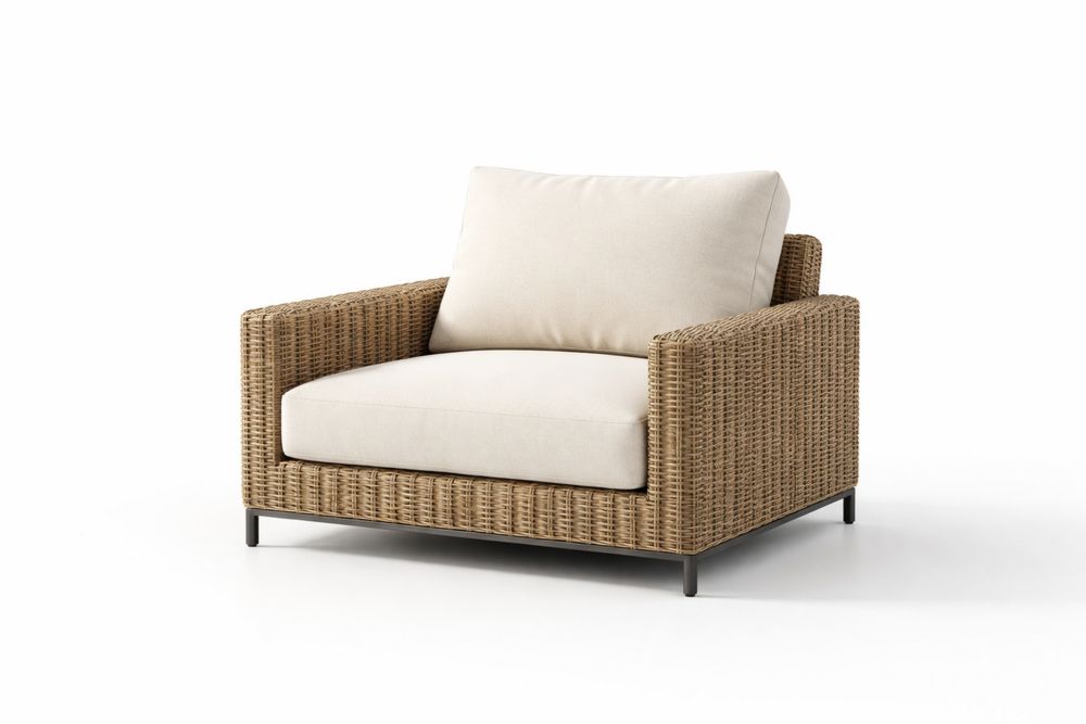 Rattan Armchair with Beige Polyester Cushions and Steel Frame 85cm x 90cm x 75cm(L × W × H)