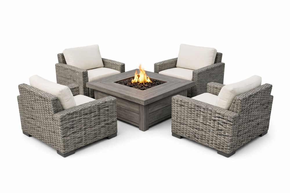 Grey Outdoor Wicker Patio Chair Set with Fire Pit Table