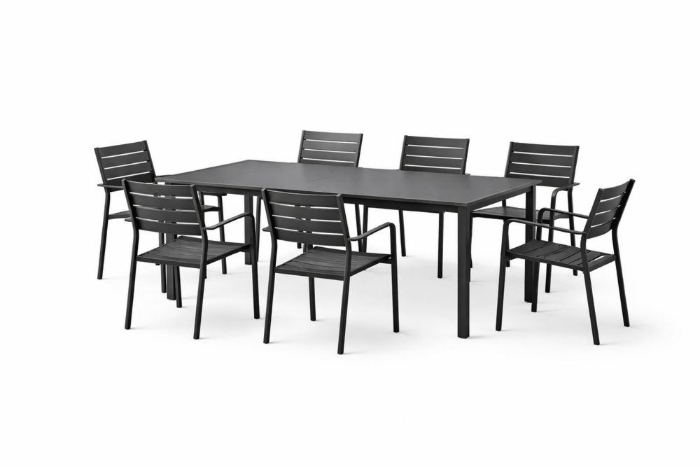 Outdoor Dining Set Black Aluminum Rectangular Table with Seven Chairs