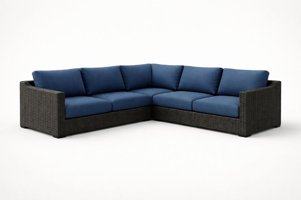 Outdoor Sectional Sofa Set Wicker Frame Blue Cushions L-Shaped