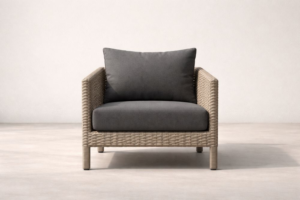 Patio Wicker Armchair with Gray Cushions and Steel Frame