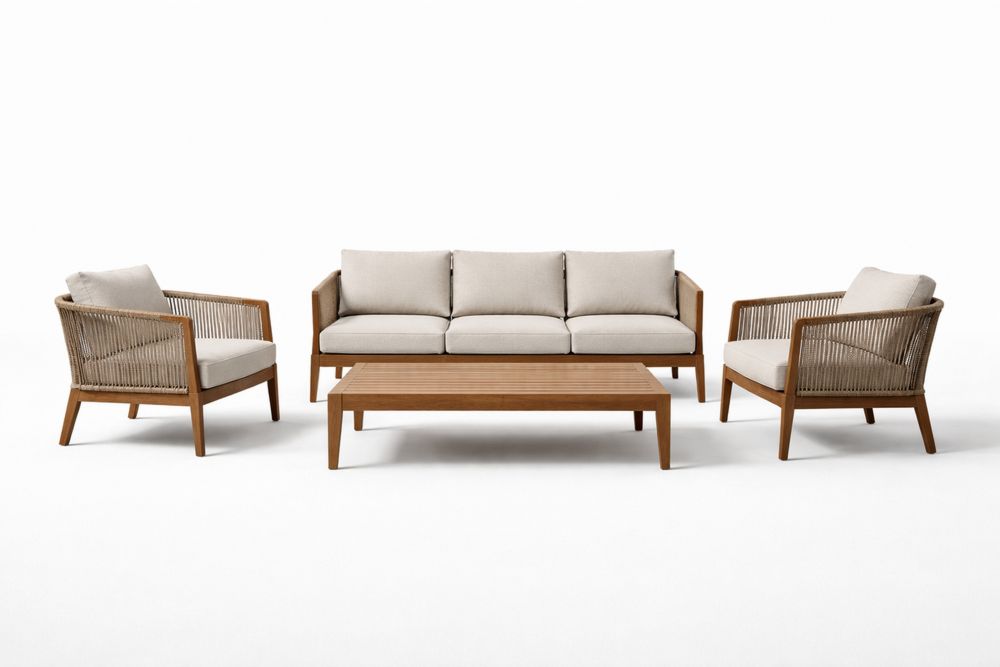 Outdoor Patio Lounge Set with Beige Cushions and Rope Woven Design