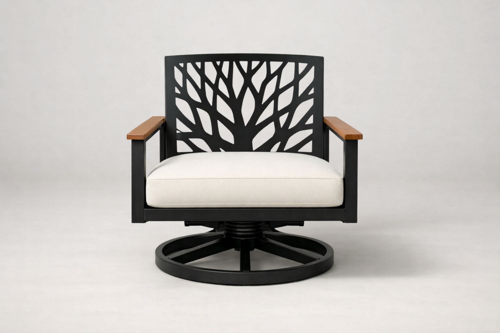 Black Steel Swivel Chair with Polyester Cushion and Teak Armrests