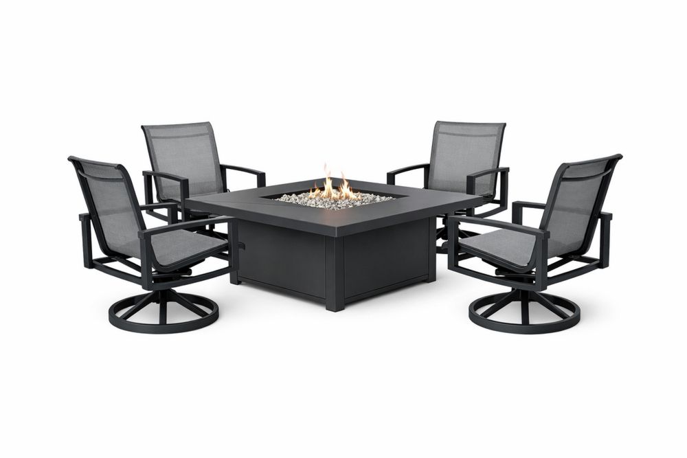 Black Aluminum and Mesh Outdoor Fire Pit Table Set with Swivel Chairs
