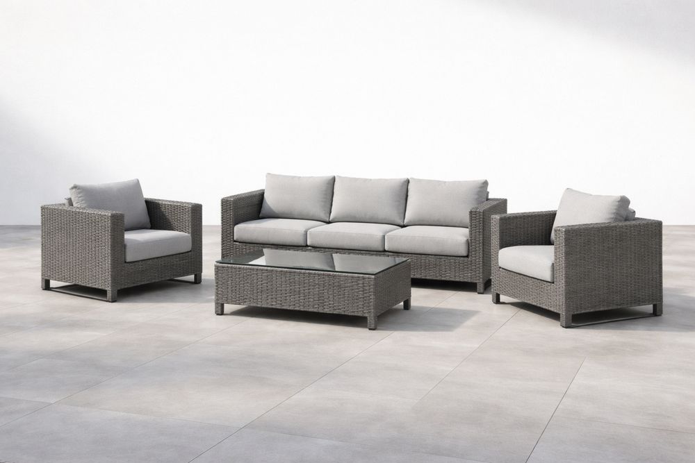 Gray Rattan Outdoor Patio Lounge Set with Glass Coffee Table and Cushions