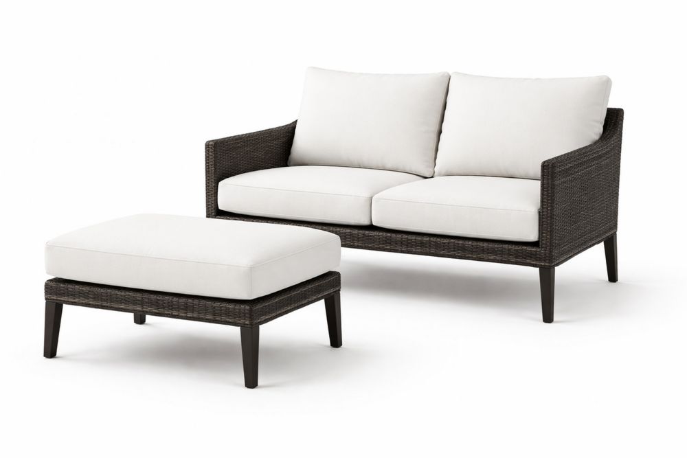 Outdoor Sofa and Ottoman Set with Dark Brown Wicker and White Cushions