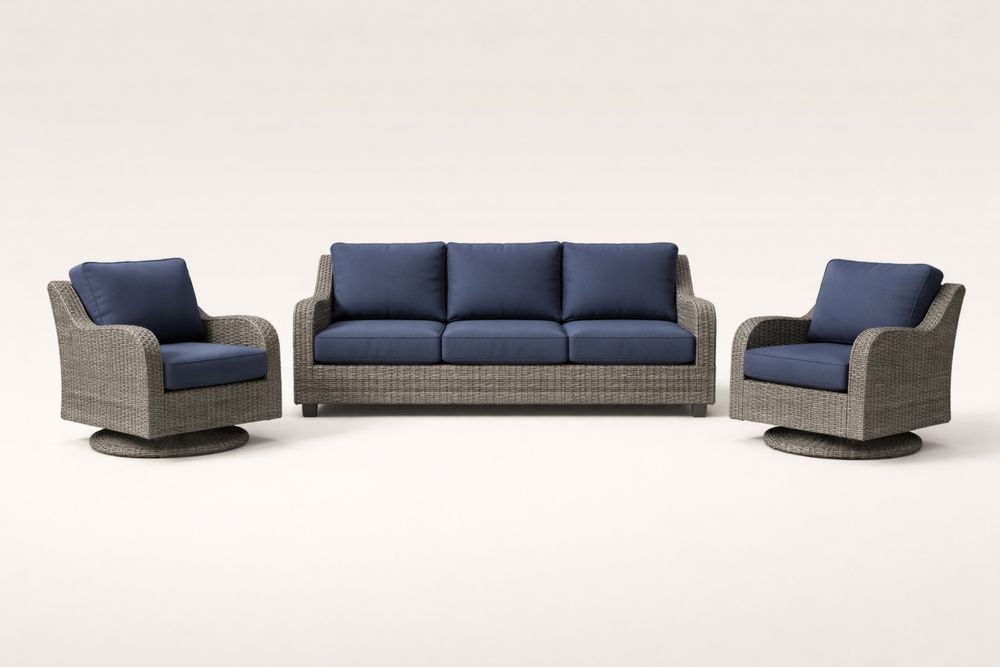 Outdoor Wicker Sofa Set with Navy Cushions