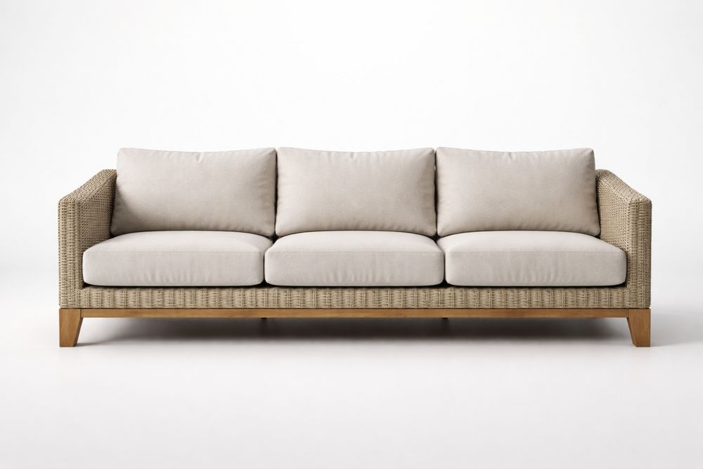 Outdoor Rattan Sofa with Beige Cushions and Teak Wood Legs