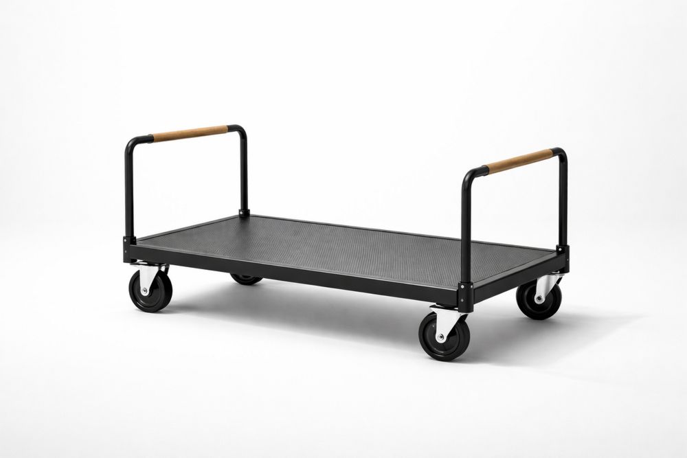 Black Steel Flatbed Cart with Rubber Handles and Swivel Wheels