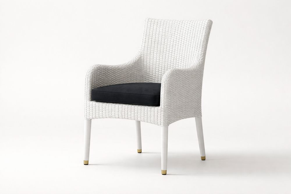 Patio Wicker Armchair with Steel Legs and Black Cushion