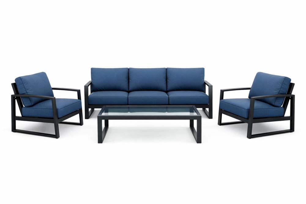 4-Piece Aluminum Frame Outdoor Sofa Set with Blue Polyester Cushions