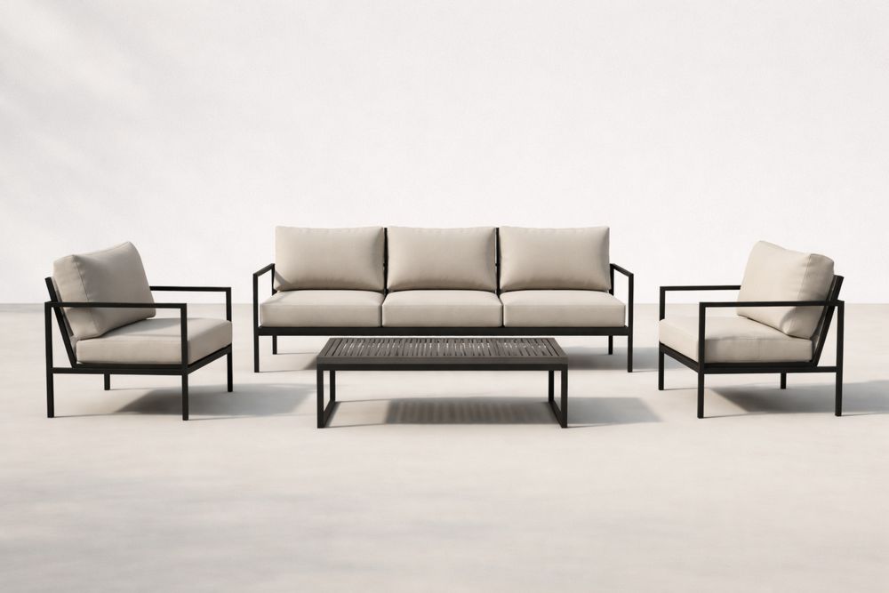 Outdoor Lounge Set Aluminum Frame Beige Cushions Sofa Armchairs Coffee Table