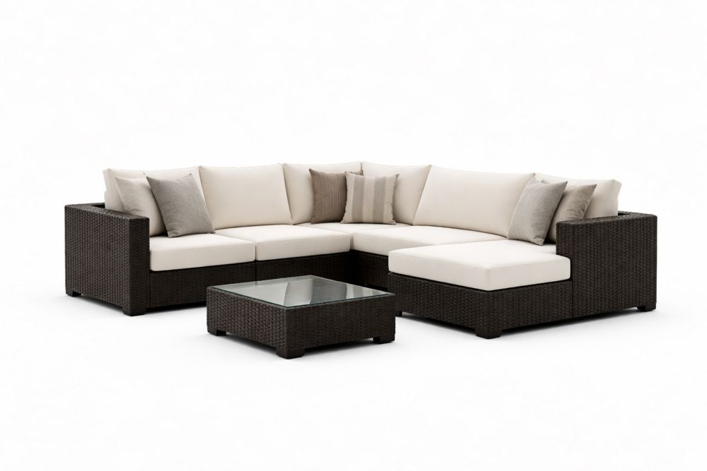 Outdoor Sectional Sofa Set with Glass Top Table Wicker and Olefin Fabric Cushions