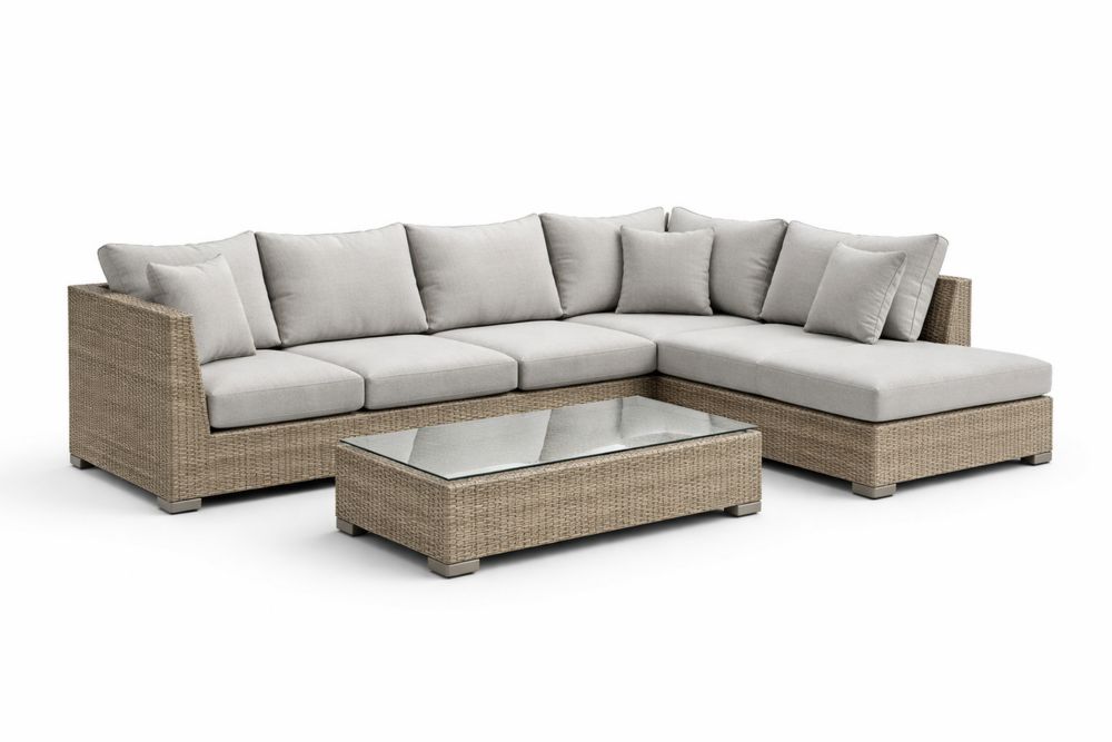 Outdoor Rattan Sectional Sofa Set with Cushions and Glass Top Coffee Table Beige