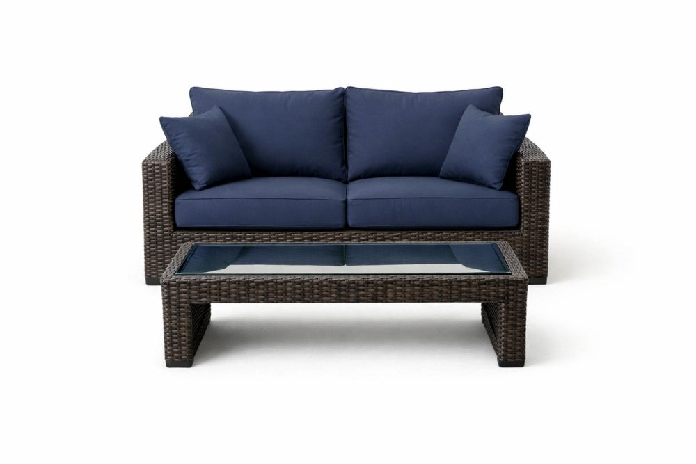 Outdoor Wicker Sofa and Glass Coffee Table Set with Blue Cushions