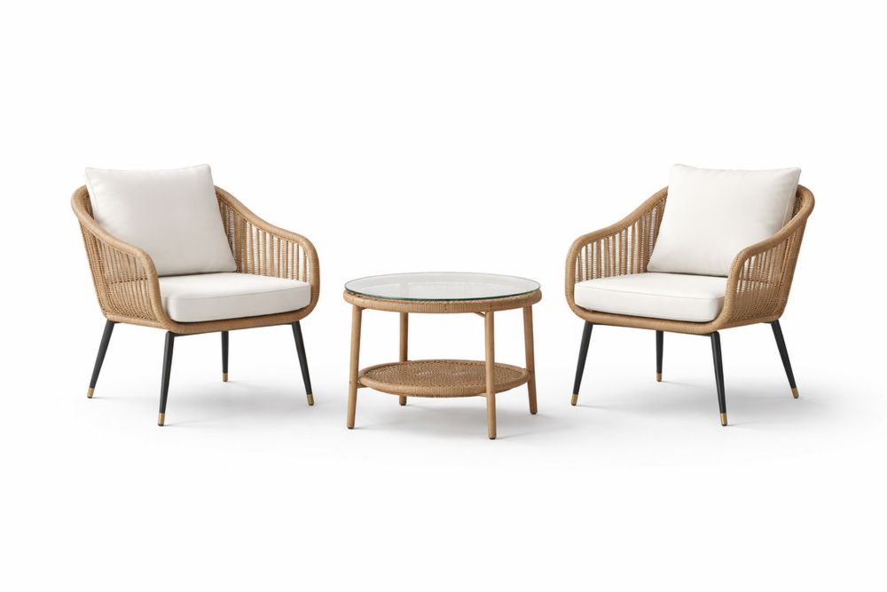 Outdoor Lounge Set with Glass Table and Cushioned Wicker Chairs