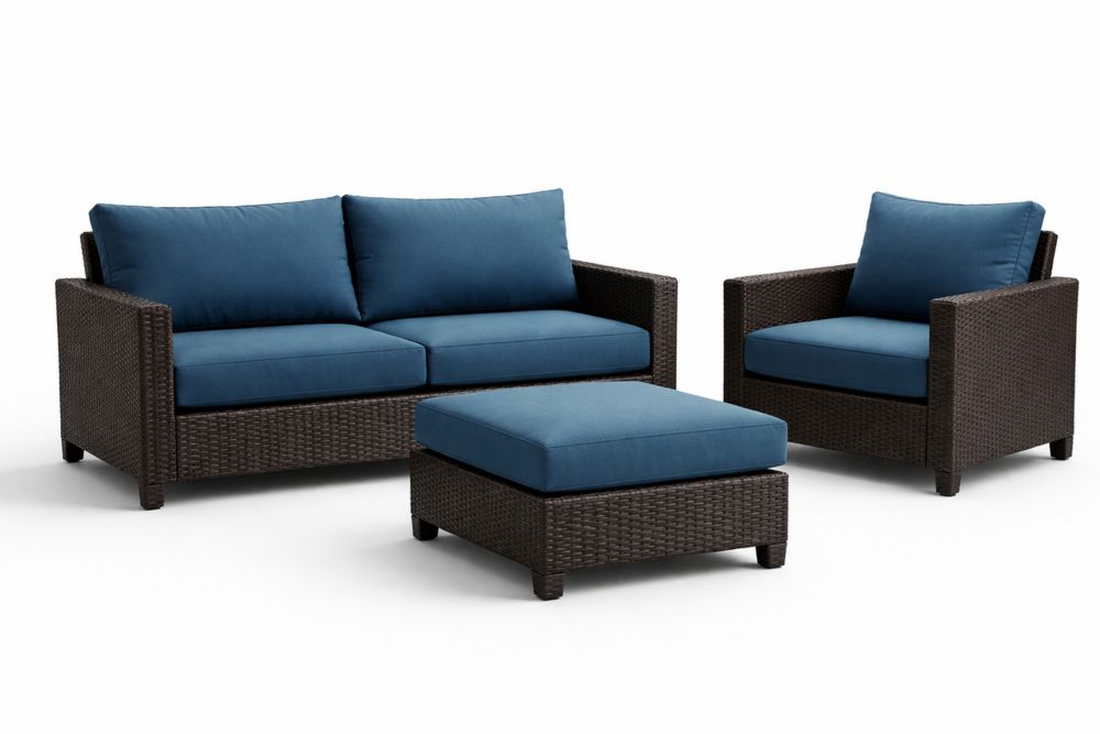 Wicker Rattan Outdoor Sofa Set Blue Cushions Brown Frame