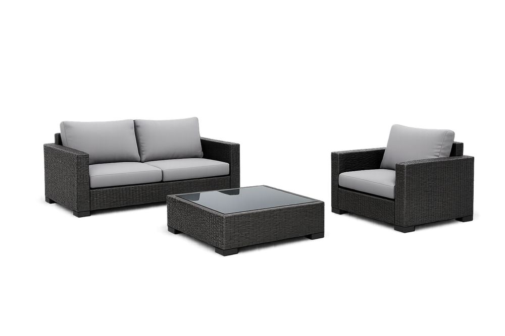 3-Piece Outdoor Patio Lounge Set with Gray Cushions and Black Rattan Wicker
