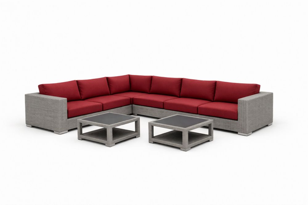 PE Rattan Outdoor Sectional Sofa Set with Two Tempered Glass Tables and Red Cushions
