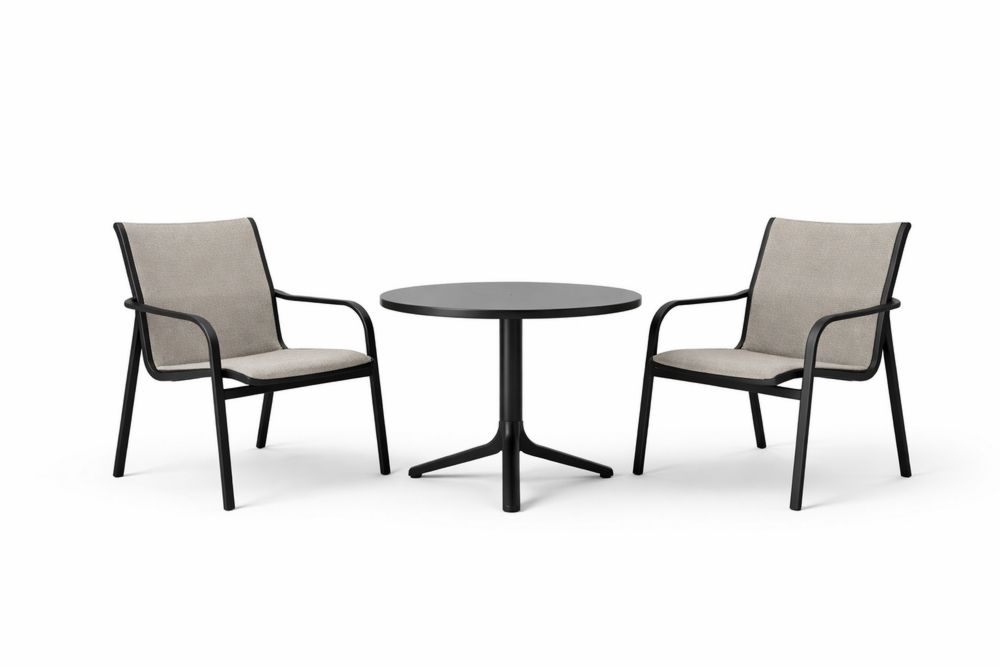 Outdoor Bistro Set with Black Steel Frame and Beige Polyester Fabric Chairs