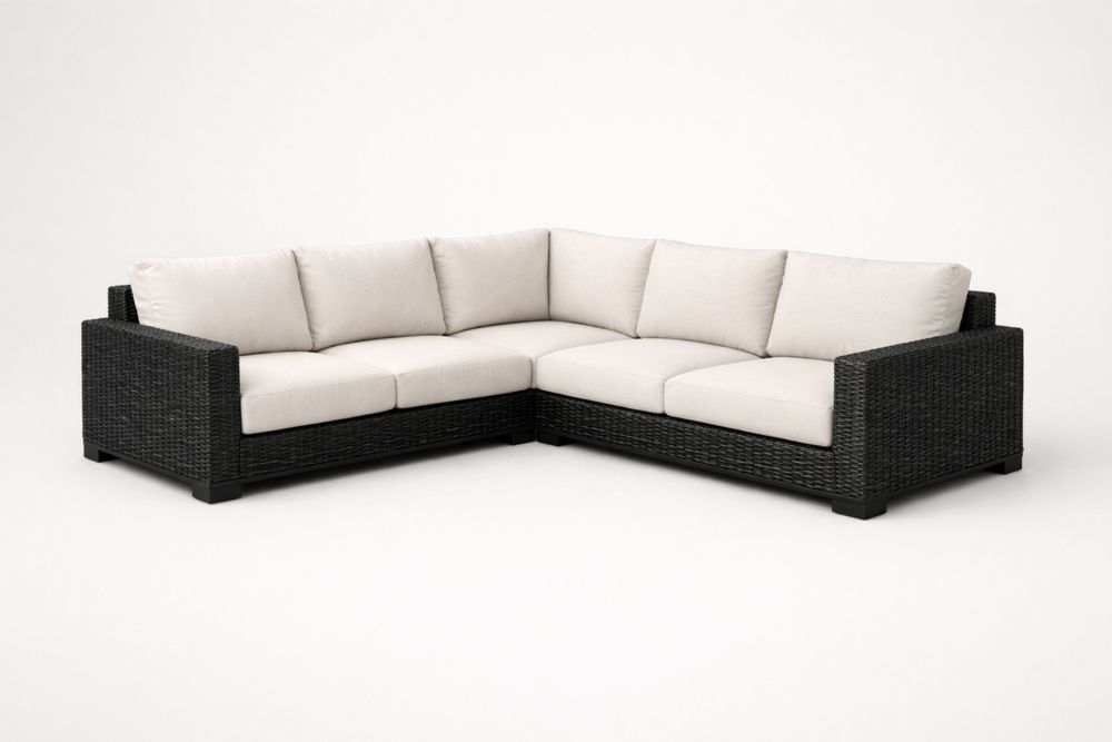 Outdoor Sectional Sofa Set Black Rattan Beige Cushions