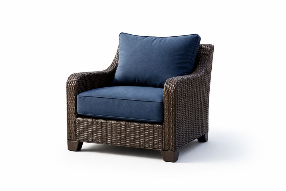 Outdoor Wicker Lounge Chair with Blue Cushions