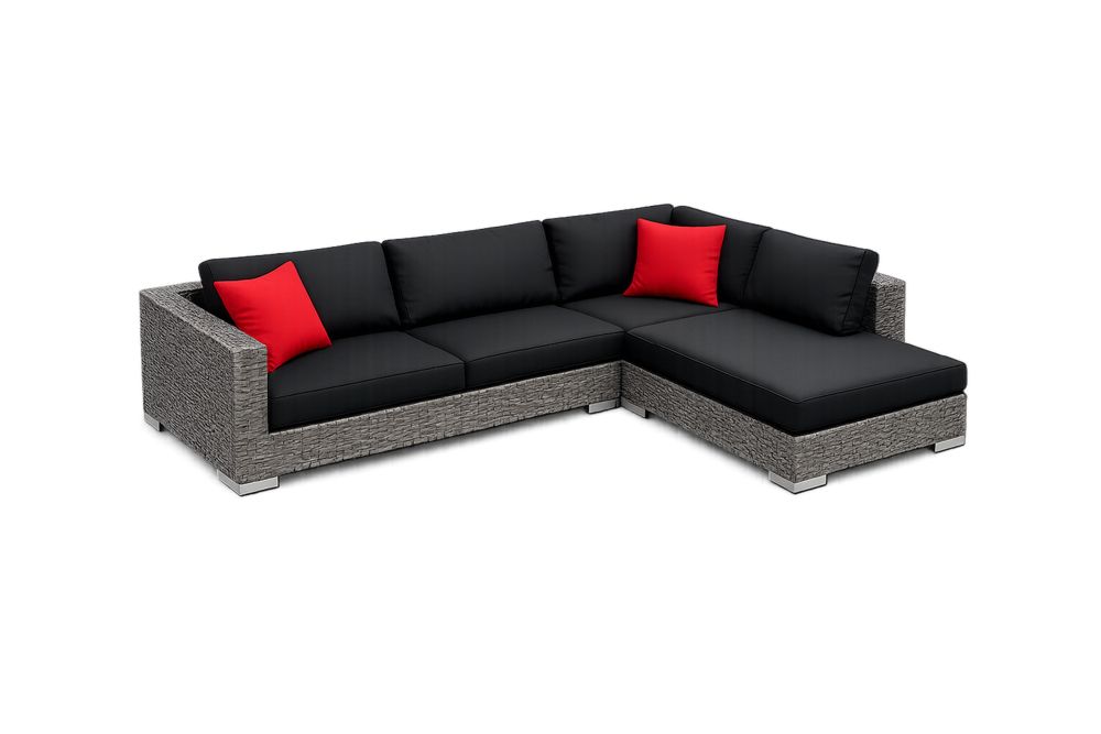 Outdoor Sectional Sofa in Black Fabric with Gray Wicker and Red Accent Pillows