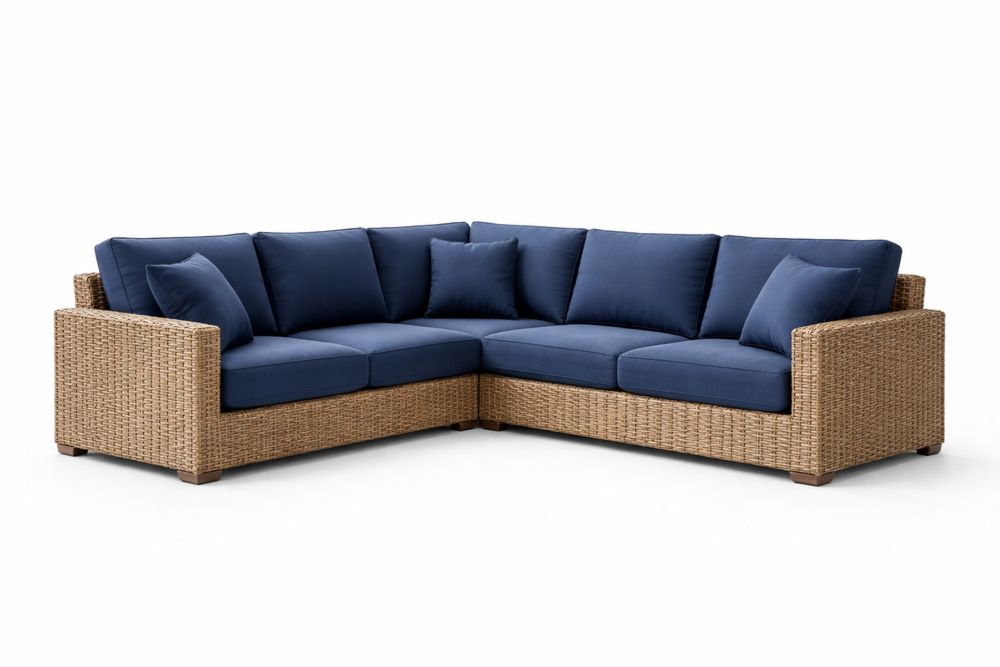 Outdoor Wicker Sectional Sofa with Navy Cushions