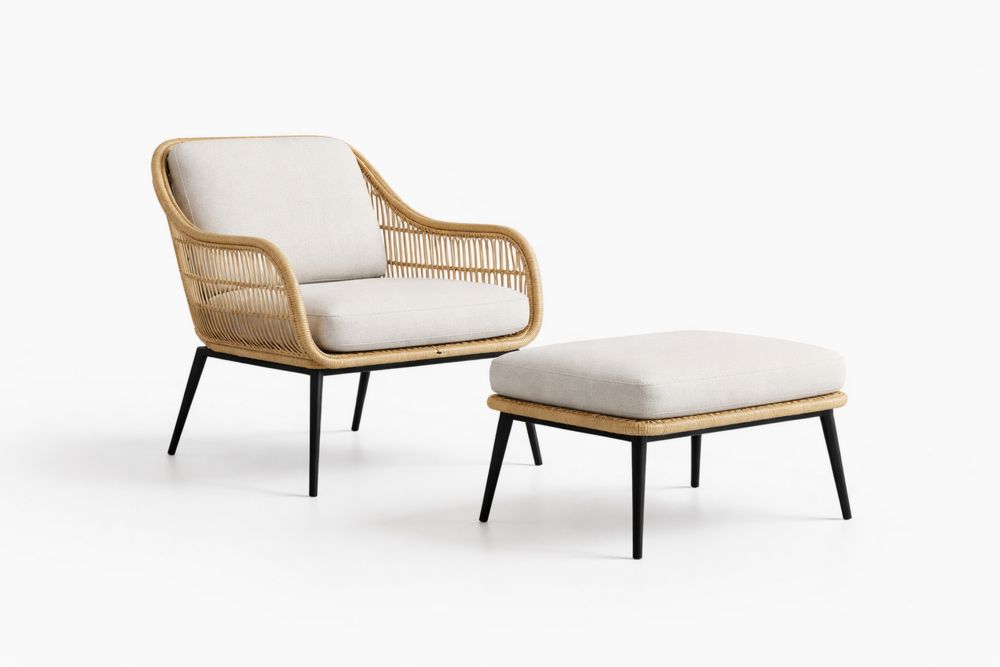 Rattan Lounge Chair and Ottoman Set with Steel Frame Beige Cushions