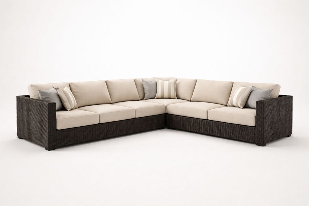 Woven Resin Wicker L-Shaped Sectional Sofa with Beige Polyester Cushions