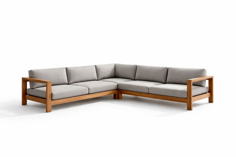 Teak Wood L-Shaped Sectional Sofa with Gray Cushions