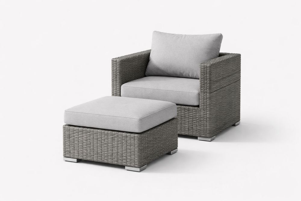 Outdoor Wicker Lounge Chair and Ottoman Set with Grey Cushions