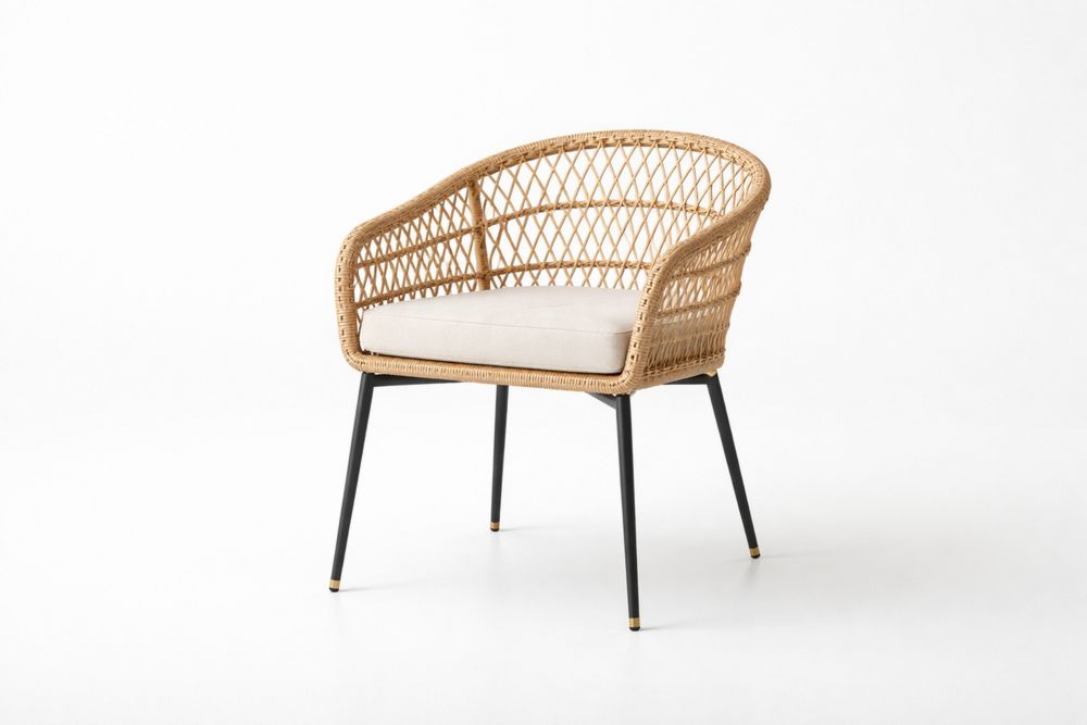 Patio Rattan Armchair with Steel Legs and Beige Cushion