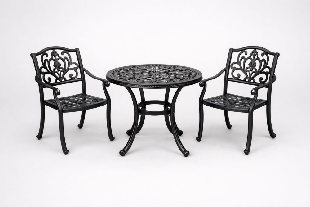 Black Cast Aluminum Outdoor Dining Set with Round Table and Two Chairs