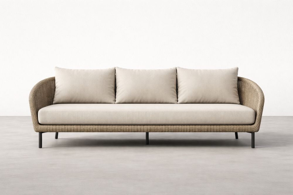 Outdoor Rattan Sofa with Beige Polyester Cushions Steel Frame